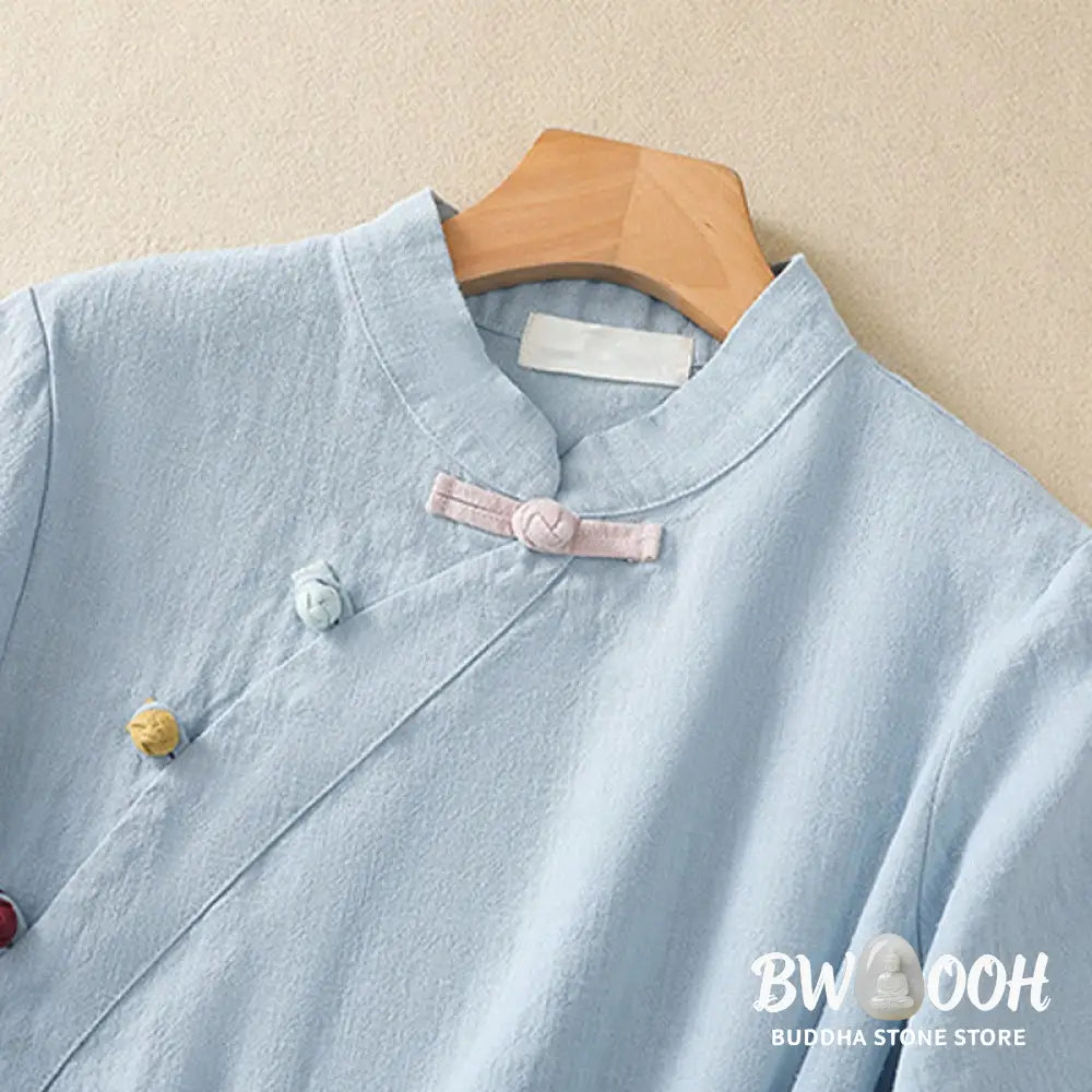 Buddha Stones Casual Plain Slant Stand Collar Collar Colorful Frog-Button Tang Suit Women’s Cotton Linen Three Quarter