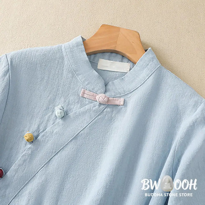 Buddha Stones Casual Plain Slant Stand Collar Collar Colorful Frog-Button Tang Suit Women’s Cotton Linen Three Quarter