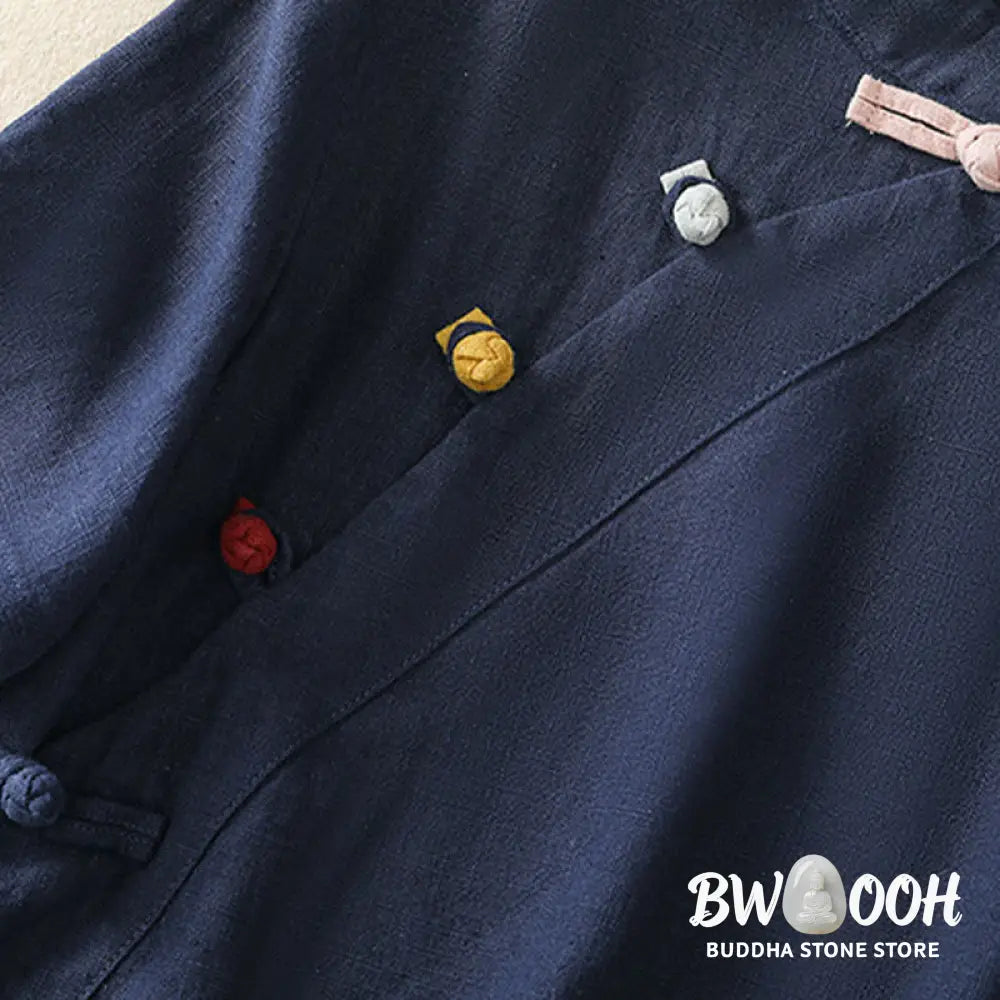 Buddha Stones Casual Plain Slant Stand Collar Collar Colorful Frog-Button Tang Suit Women’s Cotton Linen Three Quarter