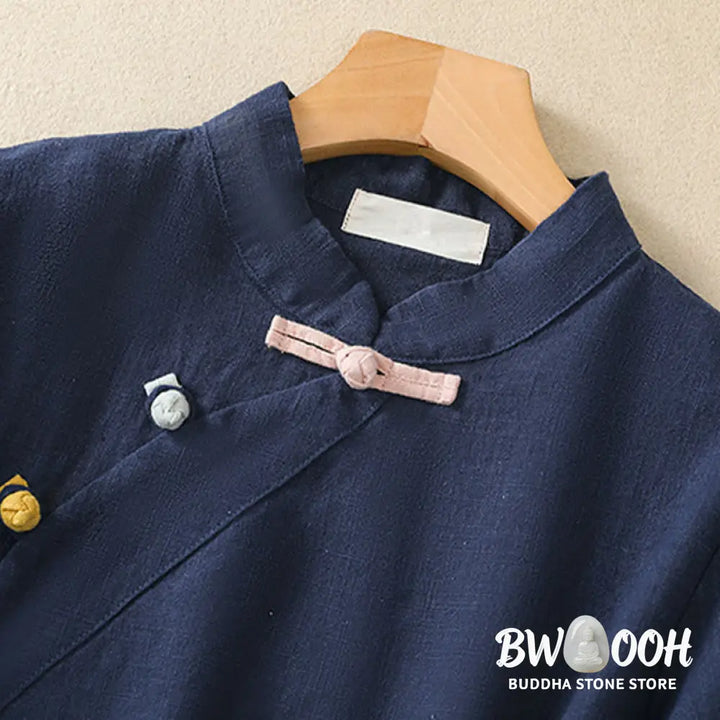 Buddha Stones Casual Plain Slant Stand Collar Collar Colorful Frog-Button Tang Suit Women’s Cotton Linen Three Quarter
