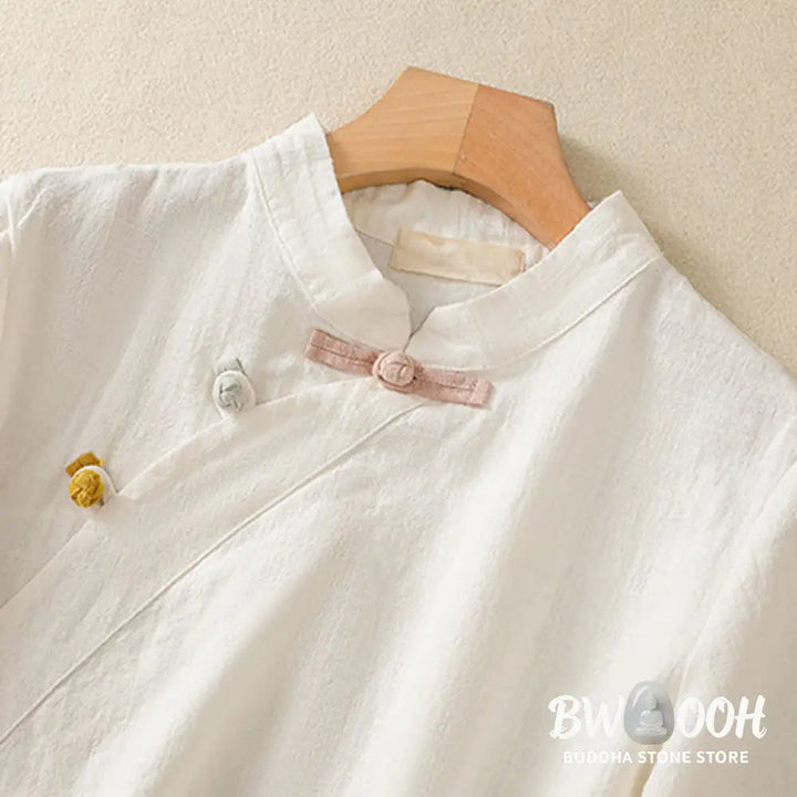 Buddha Stones Casual Plain Slant Stand Collar Collar Colorful Frog-Button Tang Suit Women’s Cotton Linen Three Quarter