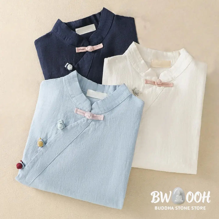 Buddha Stones Casual Plain Slant Stand Collar Collar Colorful Frog-Button Tang Suit Women’s Cotton Linen Three Quarter