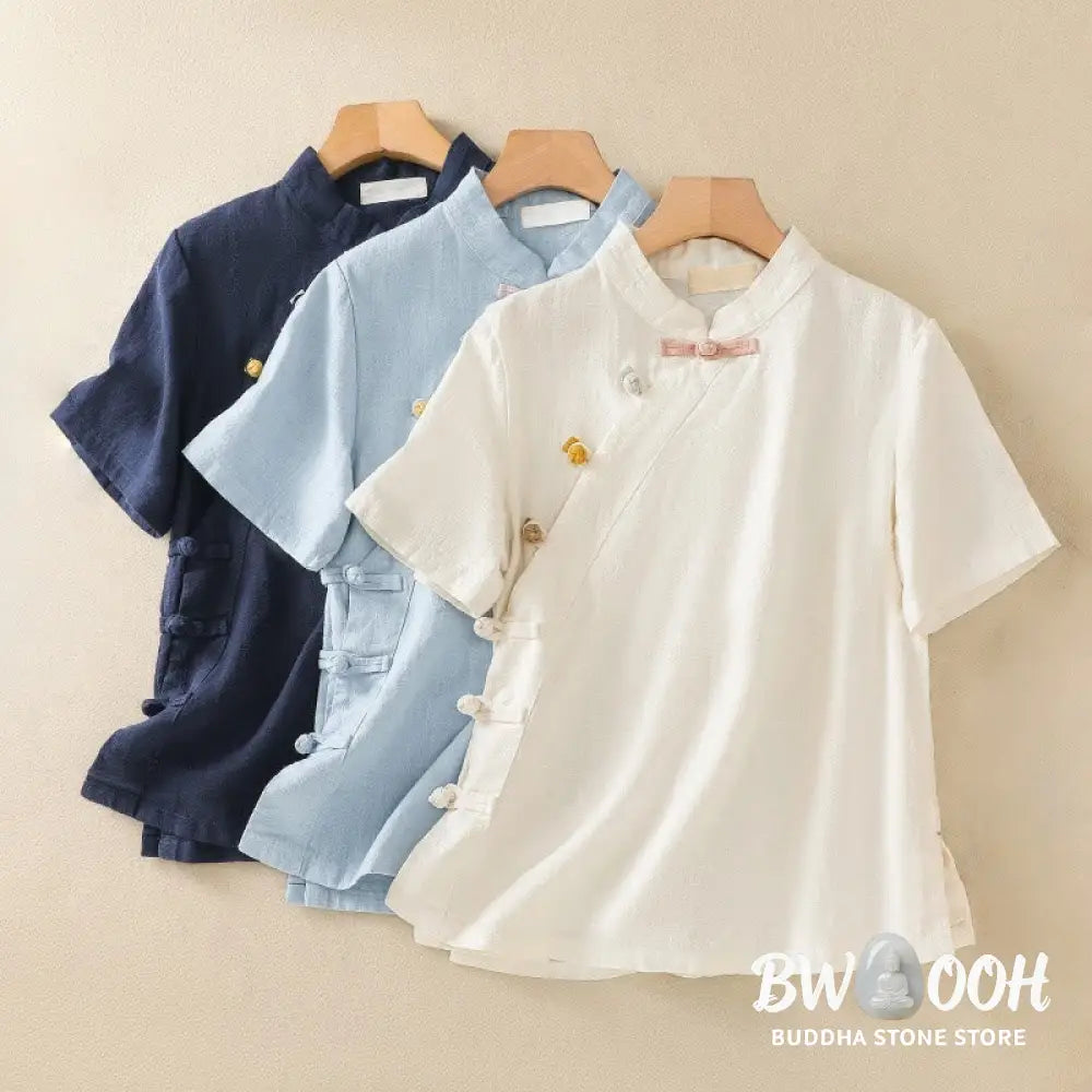 Buddha Stones Casual Plain Slant Stand Collar Collar Colorful Frog-Button Tang Suit Women’s Cotton Linen Three Quarter