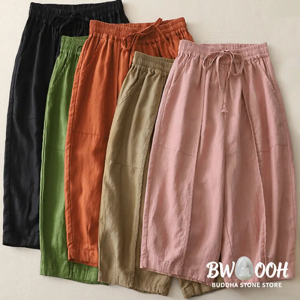 Buddha Stones Casual Plain Solid Color Patchwork Women’s Polyester 7-8 Length Wide Leg Pants With Pockets - Women’s