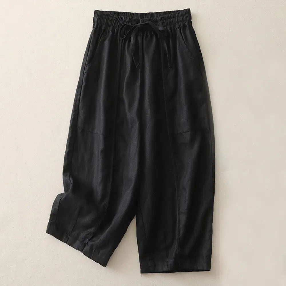 Buddha Stones Casual Plain Solid Color Patchwork Women’s Polyester 7-8 Length Wide Leg Pants With Pockets - Black
