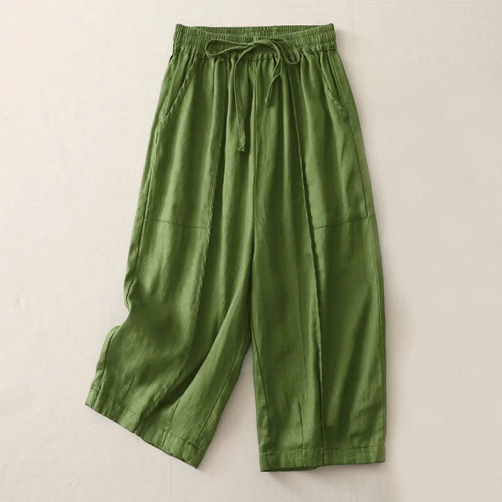 Buddha Stones Casual Plain Solid Color Patchwork Women’s Polyester 7-8 Length Wide Leg Pants With Pockets - DarkGreen
