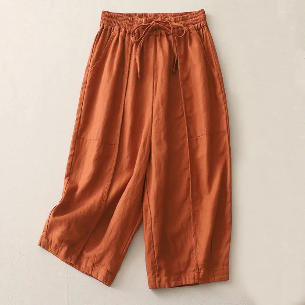 Buddha Stones Casual Plain Solid Color Patchwork Women’s Polyester 7-8 Length Wide Leg Pants With Pockets - FireBrick
