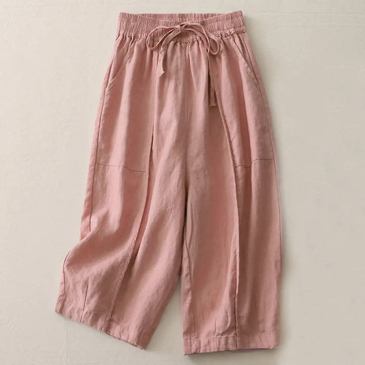 Buddha Stones Casual Plain Solid Color Patchwork Women’s Polyester 7-8 Length Wide Leg Pants With Pockets - Pink