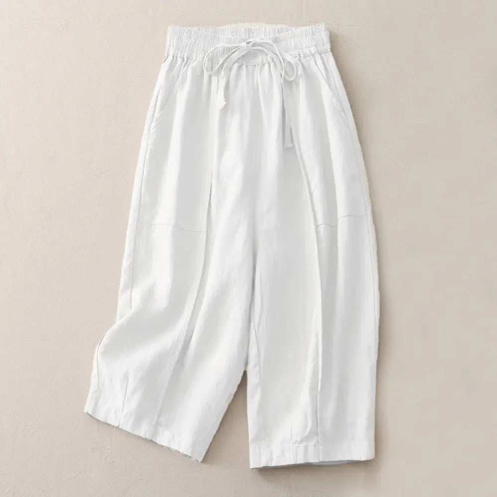 Buddha Stones Casual Plain Solid Color Patchwork Women’s Polyester 7-8 Length Wide Leg Pants With Pockets - Snow