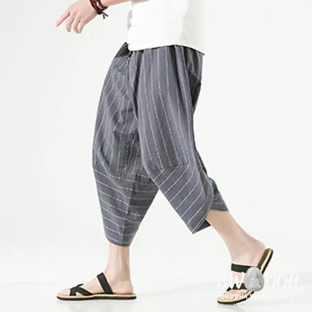 Buddha Stones Casual Plain Stripes Pattern Drawstring Men’s 7-8 Length Cotton Linen Harem Pants With Pockets - Men’s