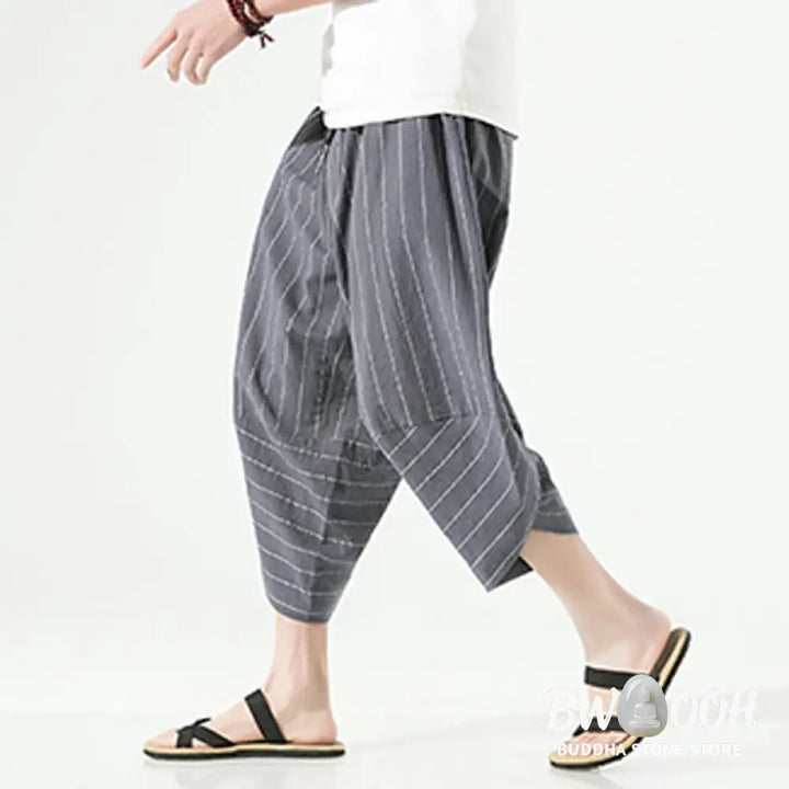 Buddha Stones Casual Plain Stripes Pattern Drawstring Men’s 7-8 Length Cotton Linen Harem Pants With Pockets - Men’s