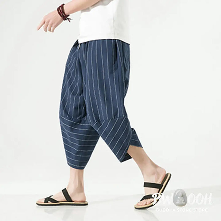 Buddha Stones Casual Plain Stripes Pattern Drawstring Men’s 7-8 Length Cotton Linen Harem Pants With Pockets - Men’s