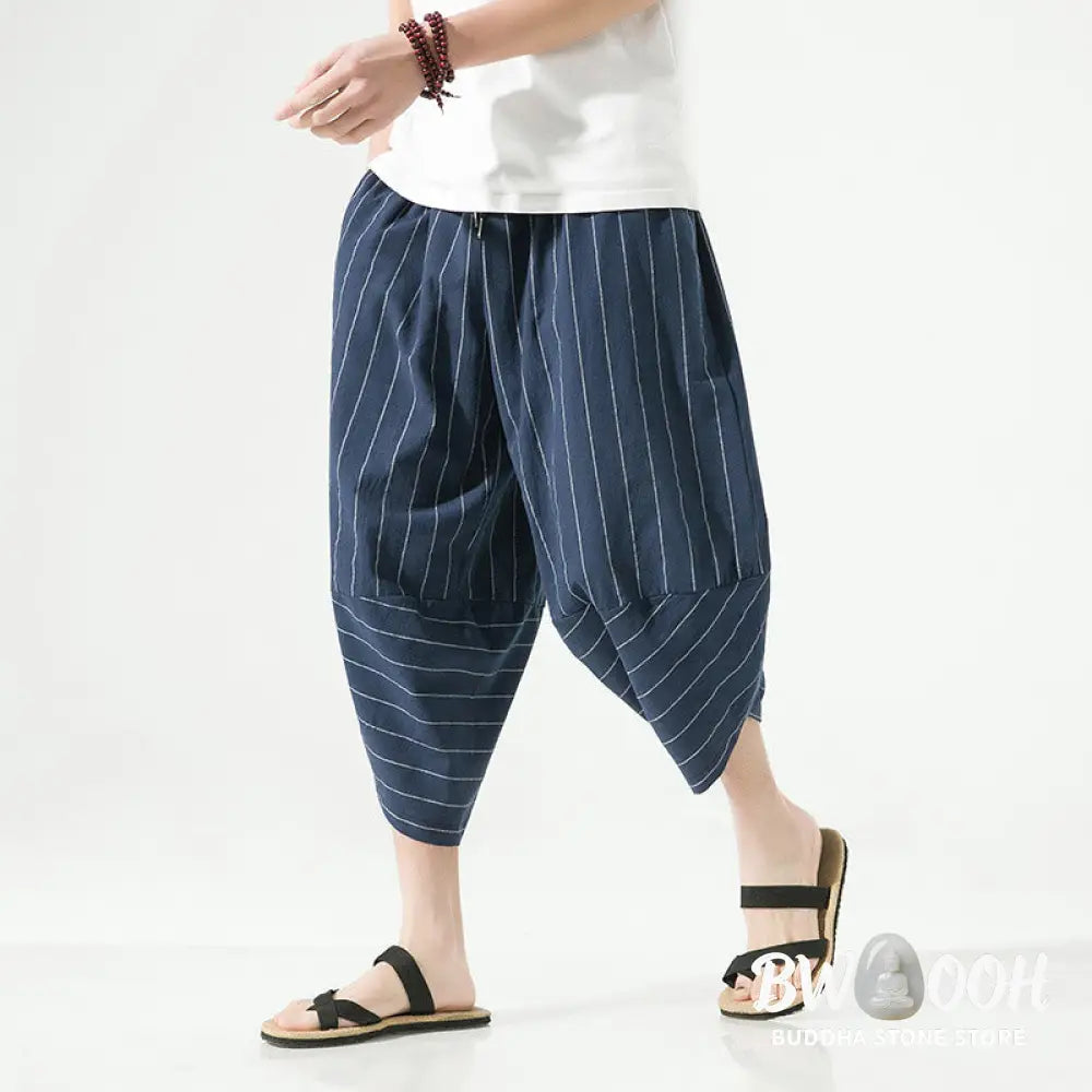 Buddha Stones Casual Plain Stripes Pattern Drawstring Men’s 7-8 Length Cotton Linen Harem Pants With Pockets - Men’s