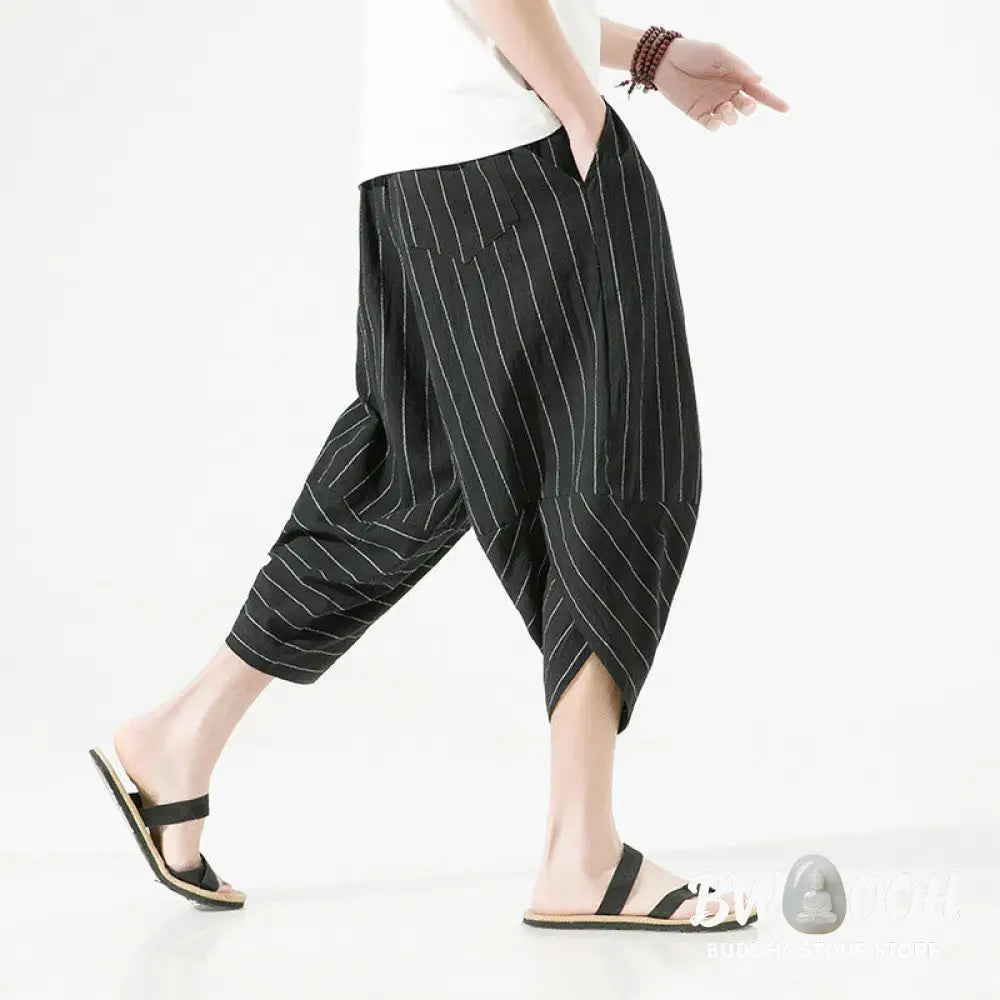 Buddha Stones Casual Plain Stripes Pattern Drawstring Men’s 7-8 Length Cotton Linen Harem Pants With Pockets - Men’s