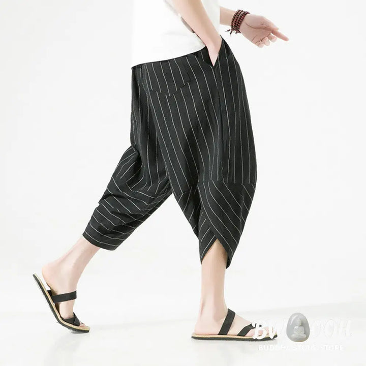 Buddha Stones Casual Plain Stripes Pattern Drawstring Men’s 7-8 Length Cotton Linen Harem Pants With Pockets - Men’s