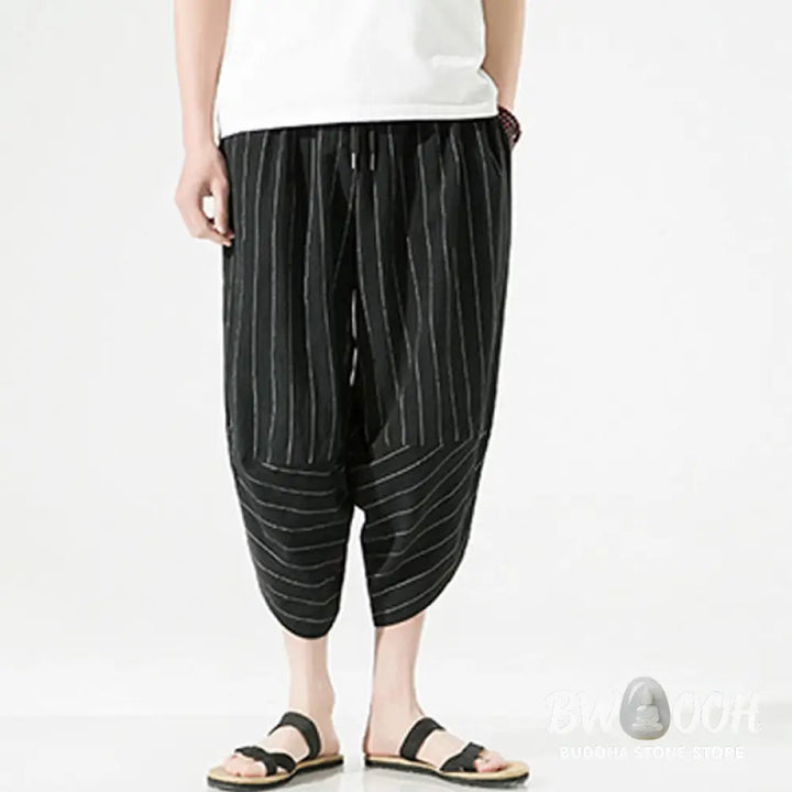 Buddha Stones Casual Plain Stripes Pattern Drawstring Men’s 7-8 Length Cotton Linen Harem Pants With Pockets - Men’s