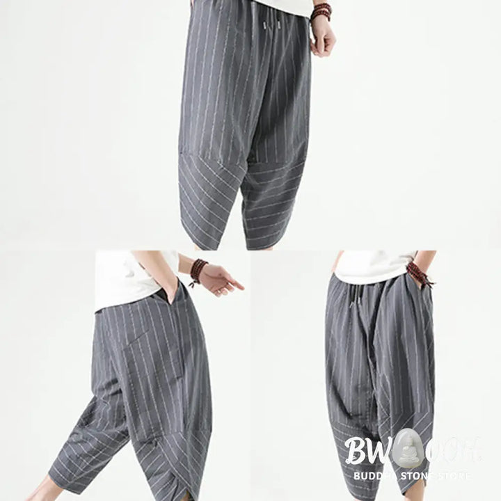 Buddha Stones Casual Plain Stripes Pattern Drawstring Men’s 7-8 Length Cotton Linen Harem Pants With Pockets - Men’s