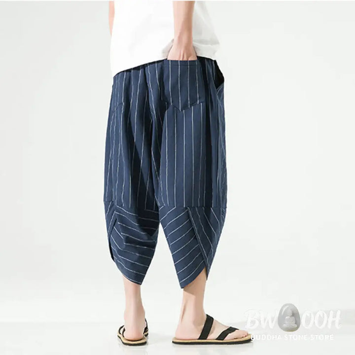 Buddha Stones Casual Plain Stripes Pattern Drawstring Men’s 7-8 Length Cotton Linen Harem Pants With Pockets - Men’s