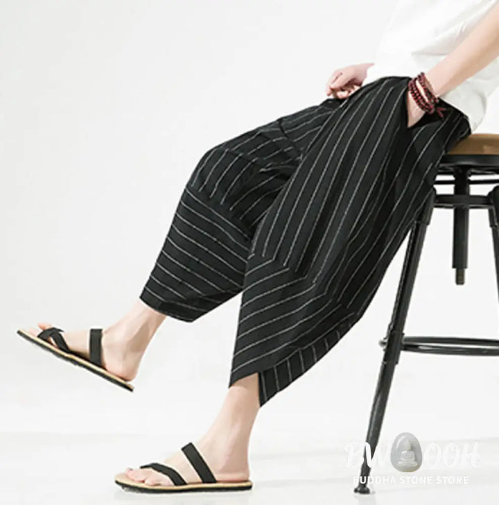 Buddha Stones Casual Plain Stripes Pattern Drawstring Men’s 7-8 Length Cotton Linen Harem Pants With Pockets - Men’s