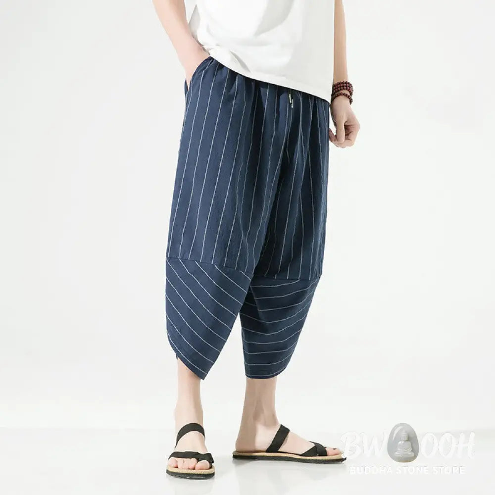 Buddha Stones Casual Plain Stripes Pattern Drawstring Men’s 7-8 Length Cotton Linen Harem Pants With Pockets - Men’s