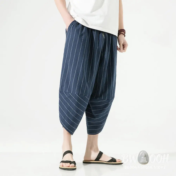 Buddha Stones Casual Plain Stripes Pattern Drawstring Men’s 7-8 Length Cotton Linen Harem Pants With Pockets - Men’s