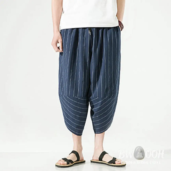 Buddha Stones Casual Plain Stripes Pattern Drawstring Men’s 7-8 Length Cotton Linen Harem Pants With Pockets - Men’s