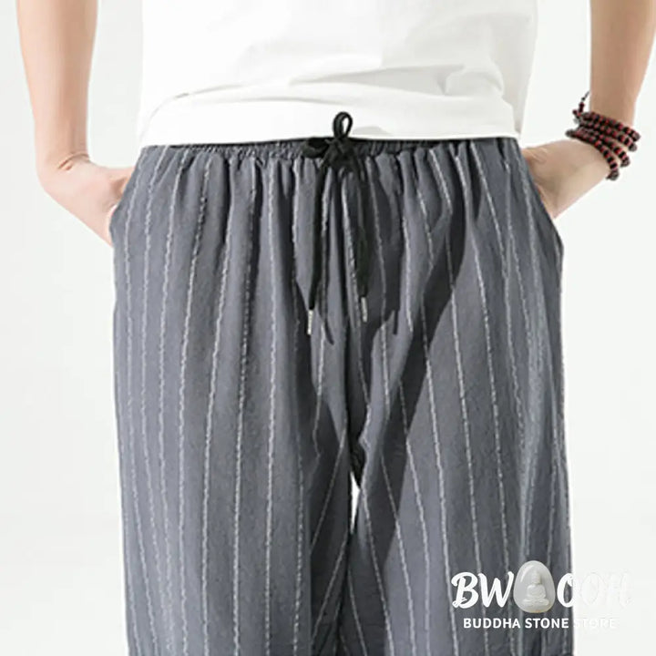 Buddha Stones Casual Plain Stripes Pattern Drawstring Men’s 7-8 Length Cotton Linen Harem Pants With Pockets - Men’s