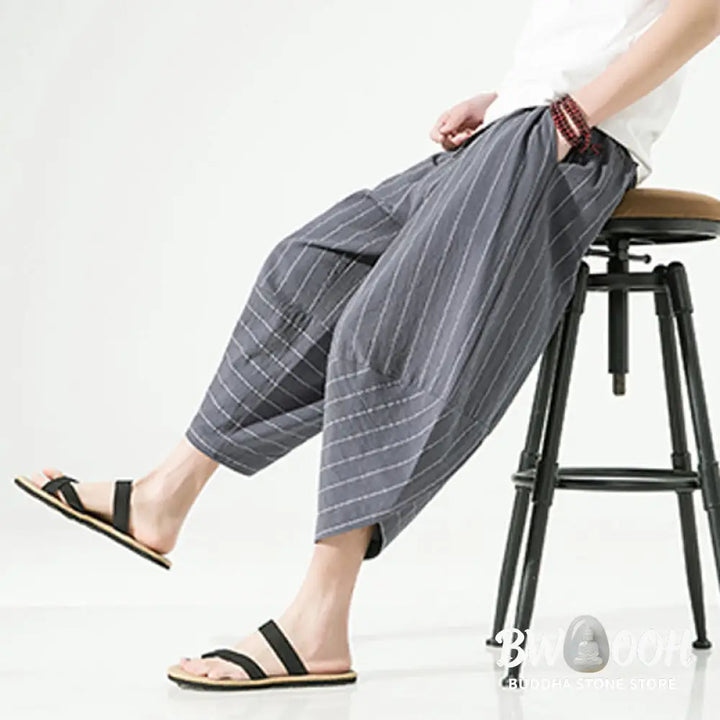 Buddha Stones Casual Plain Stripes Pattern Drawstring Men’s 7-8 Length Cotton Linen Harem Pants With Pockets - Men’s