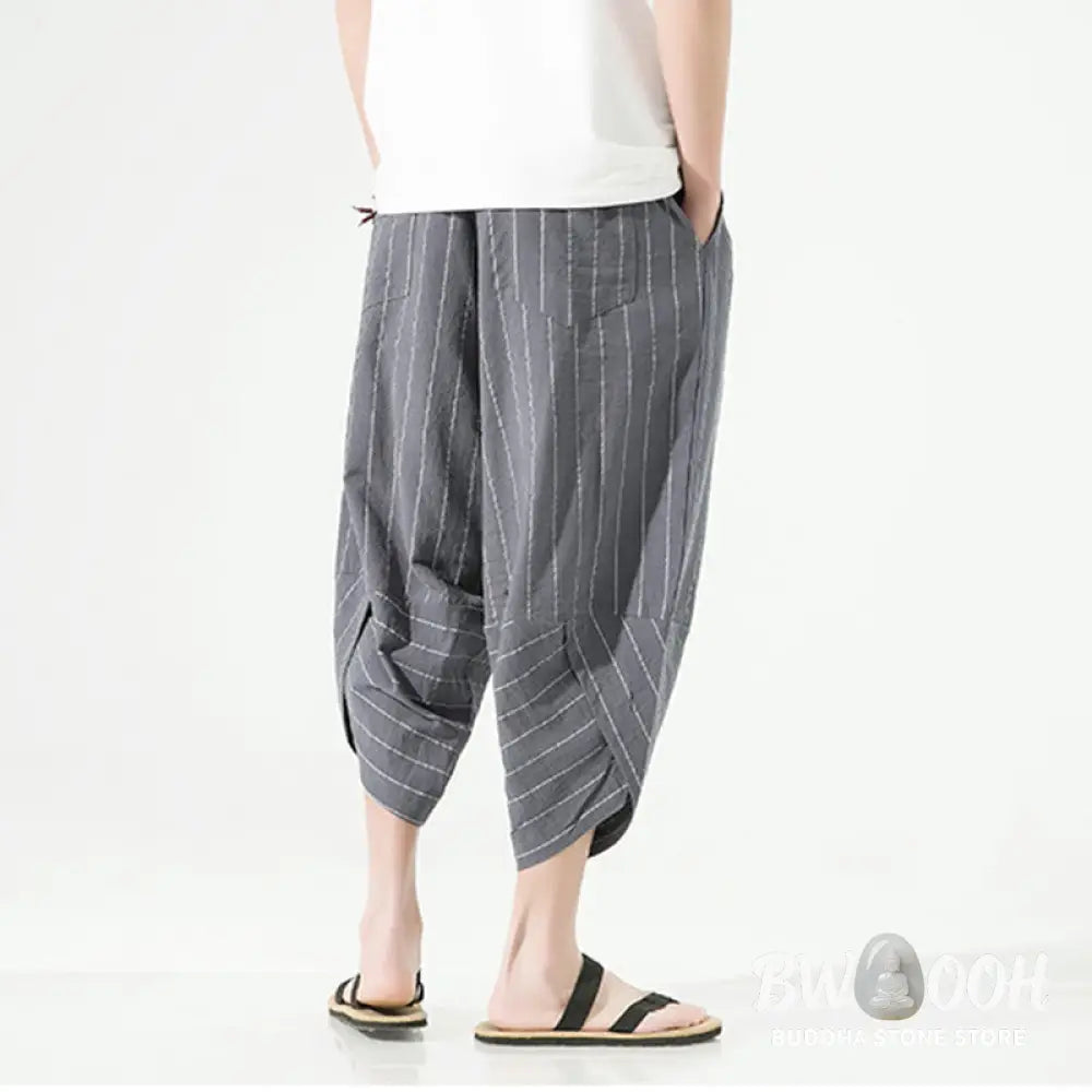 Buddha Stones Casual Plain Stripes Pattern Drawstring Men’s 7-8 Length Cotton Linen Harem Pants With Pockets - Men’s
