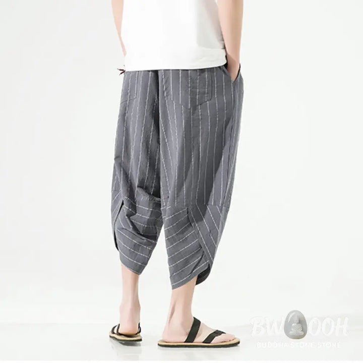 Buddha Stones Casual Plain Stripes Pattern Drawstring Men’s 7-8 Length Cotton Linen Harem Pants With Pockets - Men’s