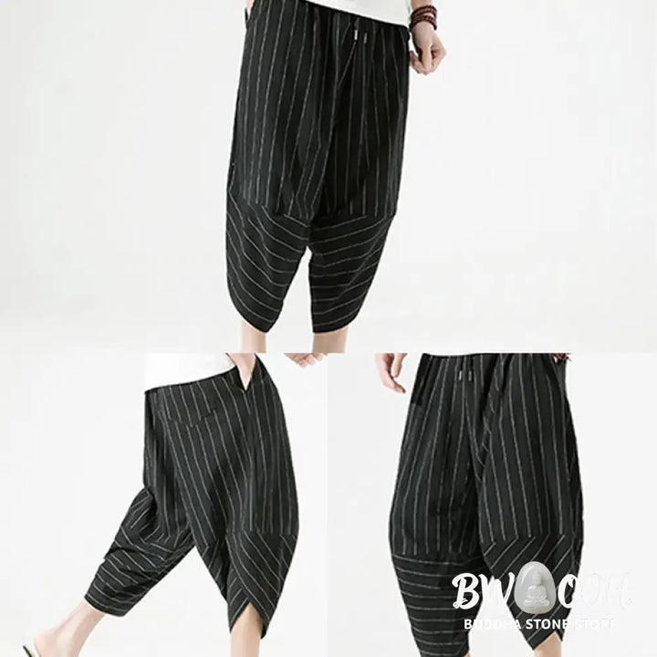 Buddha Stones Casual Plain Stripes Pattern Drawstring Men’s 7-8 Length Cotton Linen Harem Pants With Pockets - Men’s