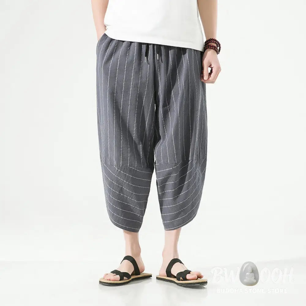 Buddha Stones Casual Plain Stripes Pattern Drawstring Men’s 7-8 Length Cotton Linen Harem Pants With Pockets - Men’s