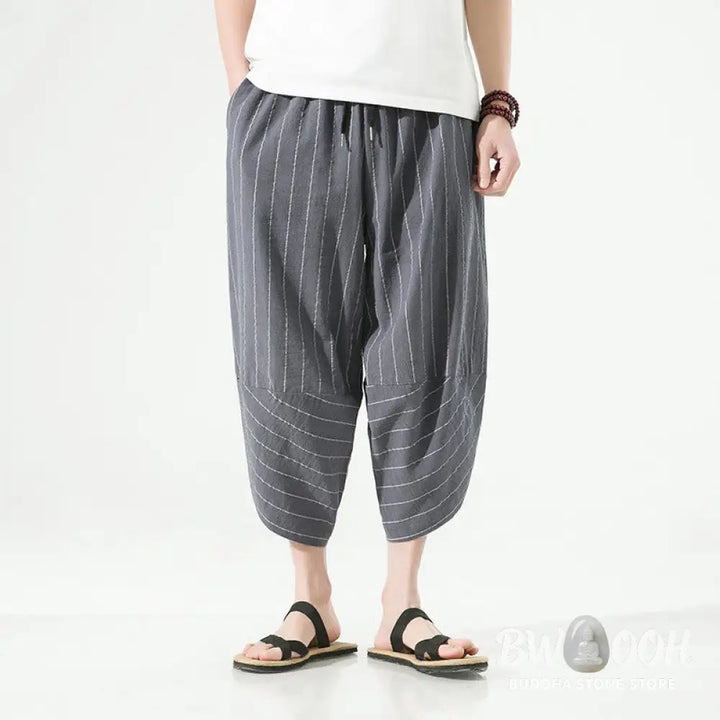 Buddha Stones Casual Plain Stripes Pattern Drawstring Men’s 7-8 Length Cotton Linen Harem Pants With Pockets - Men’s