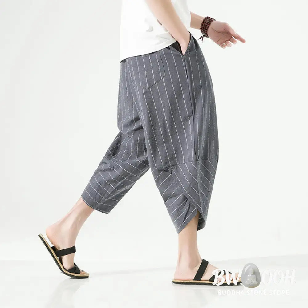 Buddha Stones Casual Plain Stripes Pattern Drawstring Men’s 7-8 Length Cotton Linen Harem Pants With Pockets - Men’s