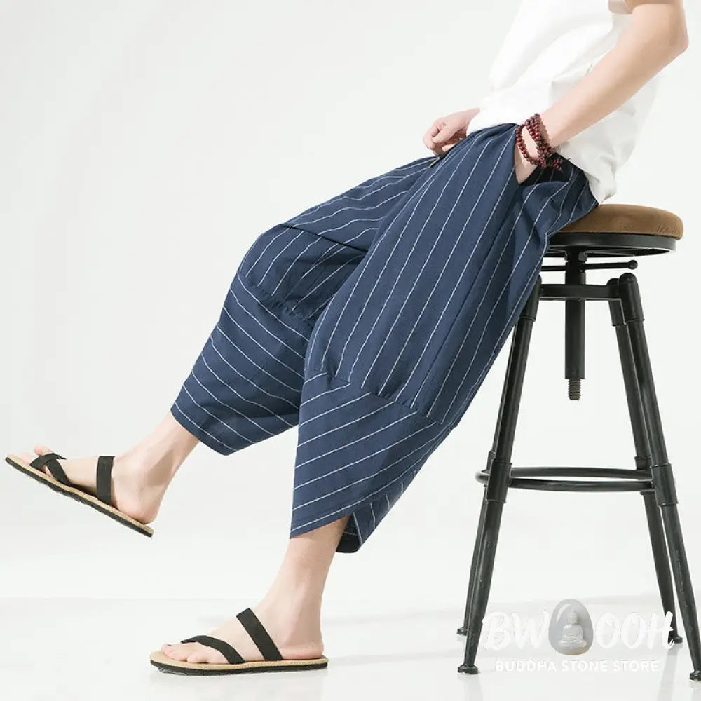 Buddha Stones Casual Plain Stripes Pattern Drawstring Men’s 7-8 Length Cotton Linen Harem Pants With Pockets - Men’s