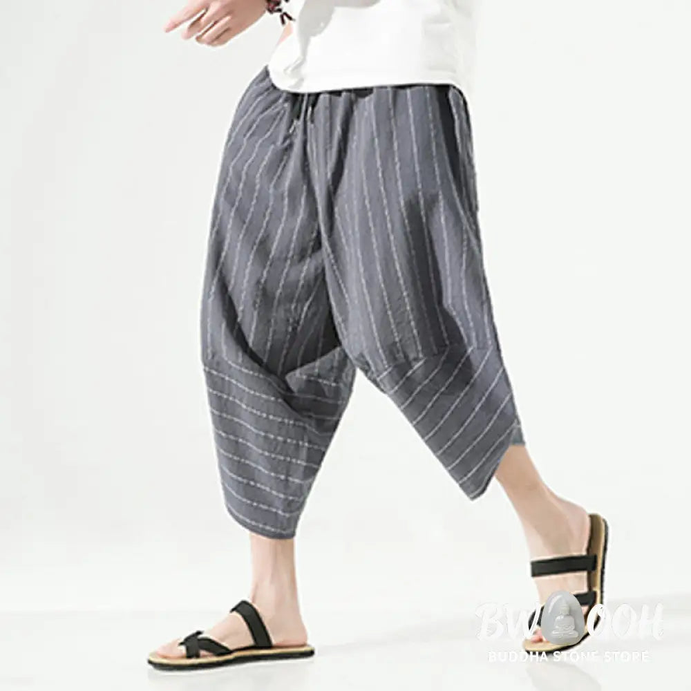Buddha Stones Casual Plain Stripes Pattern Drawstring Men’s 7-8 Length Cotton Linen Harem Pants With Pockets - Men’s