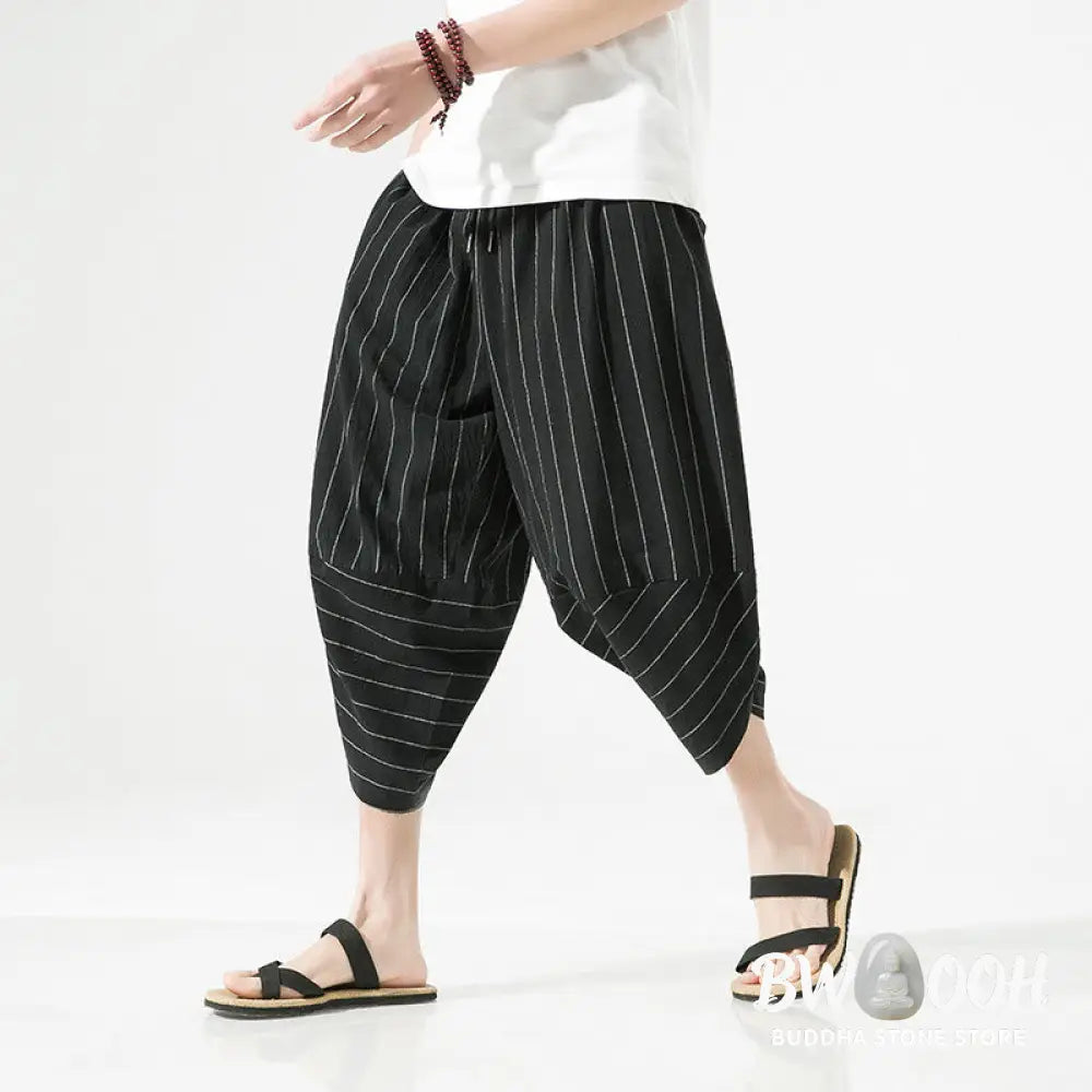 Buddha Stones Casual Plain Stripes Pattern Drawstring Men’s 7-8 Length Cotton Linen Harem Pants With Pockets - Men’s
