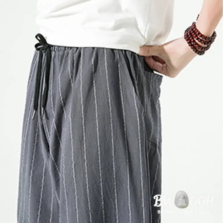 Buddha Stones Casual Plain Stripes Pattern Drawstring Men’s 7-8 Length Cotton Linen Harem Pants With Pockets - Men’s