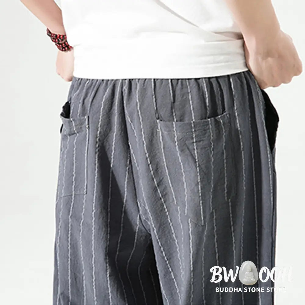 Buddha Stones Casual Plain Stripes Pattern Drawstring Men’s 7-8 Length Cotton Linen Harem Pants With Pockets - Men’s