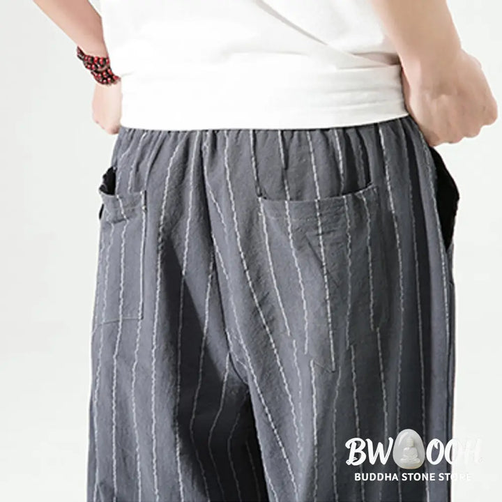 Buddha Stones Casual Plain Stripes Pattern Drawstring Men’s 7-8 Length Cotton Linen Harem Pants With Pockets - Men’s