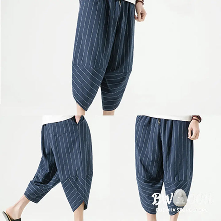 Buddha Stones Casual Plain Stripes Pattern Drawstring Men’s 7-8 Length Cotton Linen Harem Pants With Pockets - Men’s