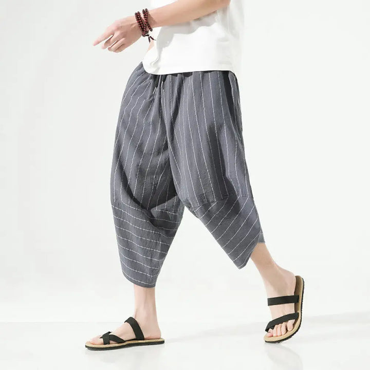 Buddha Stones Casual Plain Stripes Pattern Drawstring Men’s 7-8 Length Cotton Linen Harem Pants With Pockets