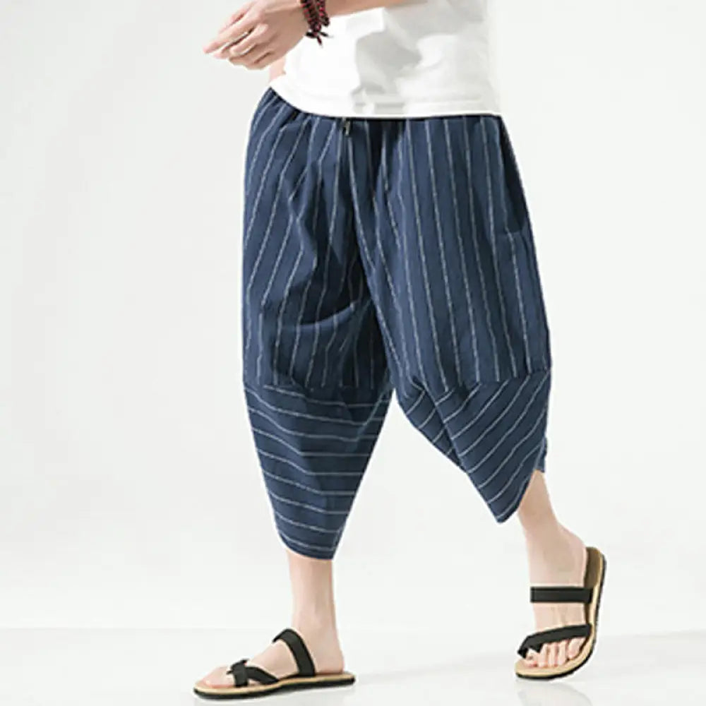 Buddha Stones Casual Plain Stripes Pattern Drawstring Men’s 7-8 Length Cotton Linen Harem Pants With Pockets - Navy