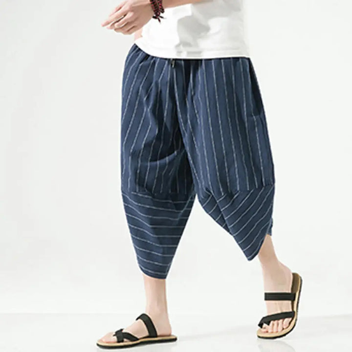 Buddha Stones Casual Plain Stripes Pattern Drawstring Men’s 7-8 Length Cotton Linen Harem Pants With Pockets - Navy