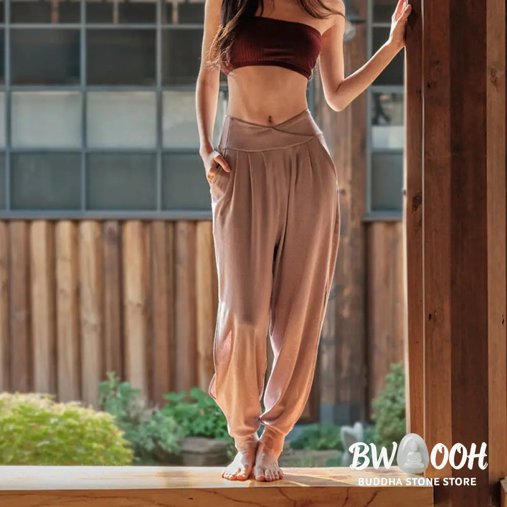 Buddha Stones Casual Plain Threaded Slit Hem Women’s Spandex Pants With Pockets - Women’s Harem Pants