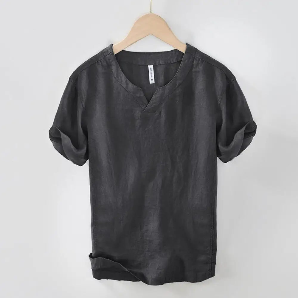 Buddha Stones Casual Plain V-neck Short Sleeve Linen Men’s Shirt - DimGray / US/UK/AU36，EU46 (L) - Men’s Shirts
