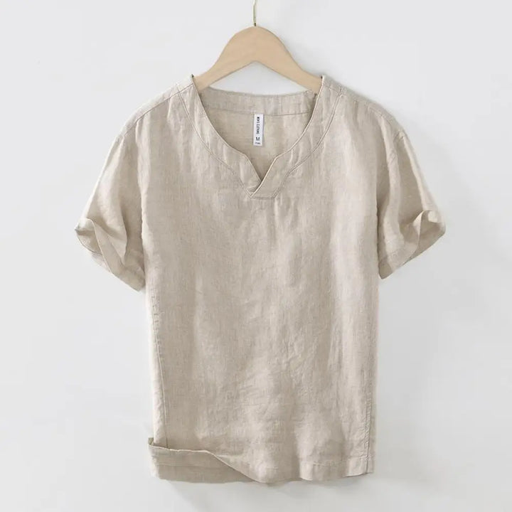 BWOOOH Casual Plain V-neck Short Sleeve Linen Men&