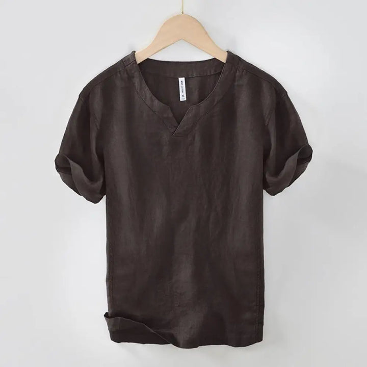 Buddha Stones Casual Plain V-neck Short Sleeve Linen Men’s Shirt - SaddleBrown / US/UK/AU36，EU46 (L) - Men’s Shirts