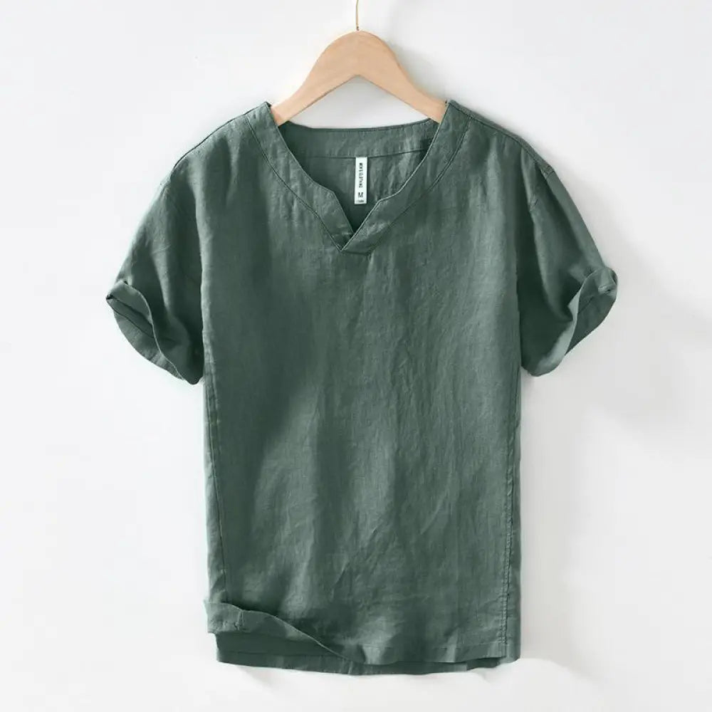 Buddha Stones Casual Plain V-neck Short Sleeve Linen Men’s Shirt - SeaGreen / US/UK/AU36，EU46 (L) - Men’s Shirts