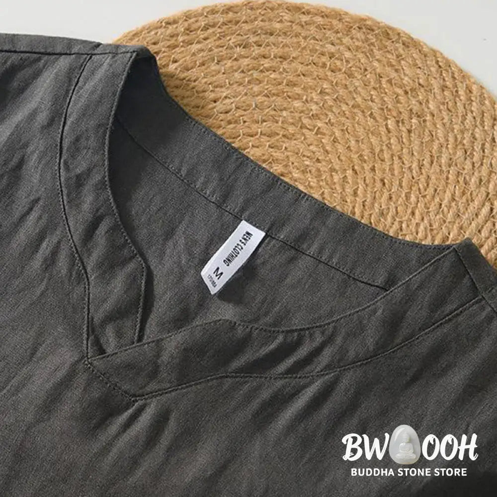 Buddha Stones Casual Plain V-neck Short Sleeve Linen Men’s Shirt - Men’s Shirts